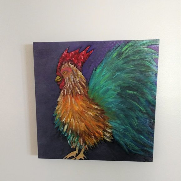Handmade Painting Of A Rooster On 8x8 Wooden Square Canvas Hand Painted Chicken - Picture 10 of 16